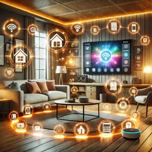 DALL·E 2025-11-26 09.20.21 - A dynamic and animated smart home living room. The scene features a comfortable modern couch and coffee table, two large smart TVs displaying differen